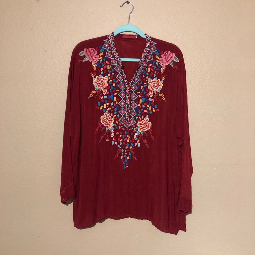 Johnny Was Red Embroidered Top